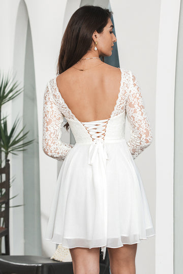 Cute White Bateau Long Sleeves Backless Short Graduation Dress